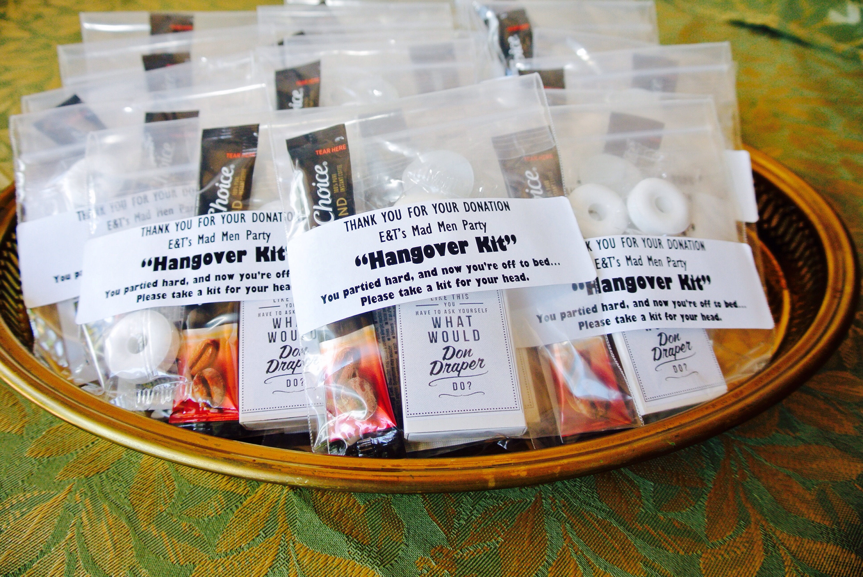 Party Favors for Bachlorette/Bachelor, Weddings and Adult Birthday Parties—DIY  “Hangover Kits” with Free Printable